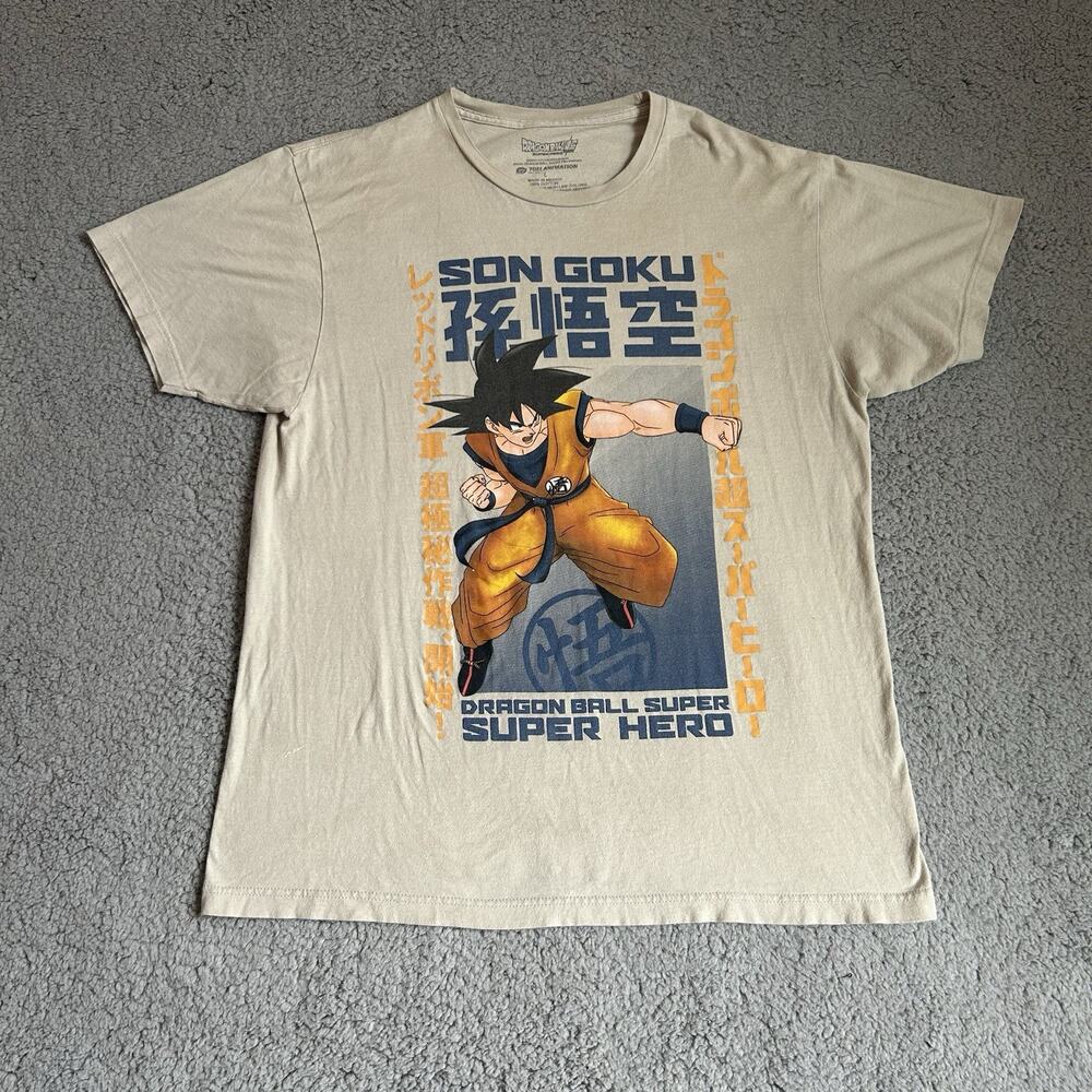 Dragon Ball Z Men T-Shirt Size L Beige Super Hero Son Goku Graphic Tee
